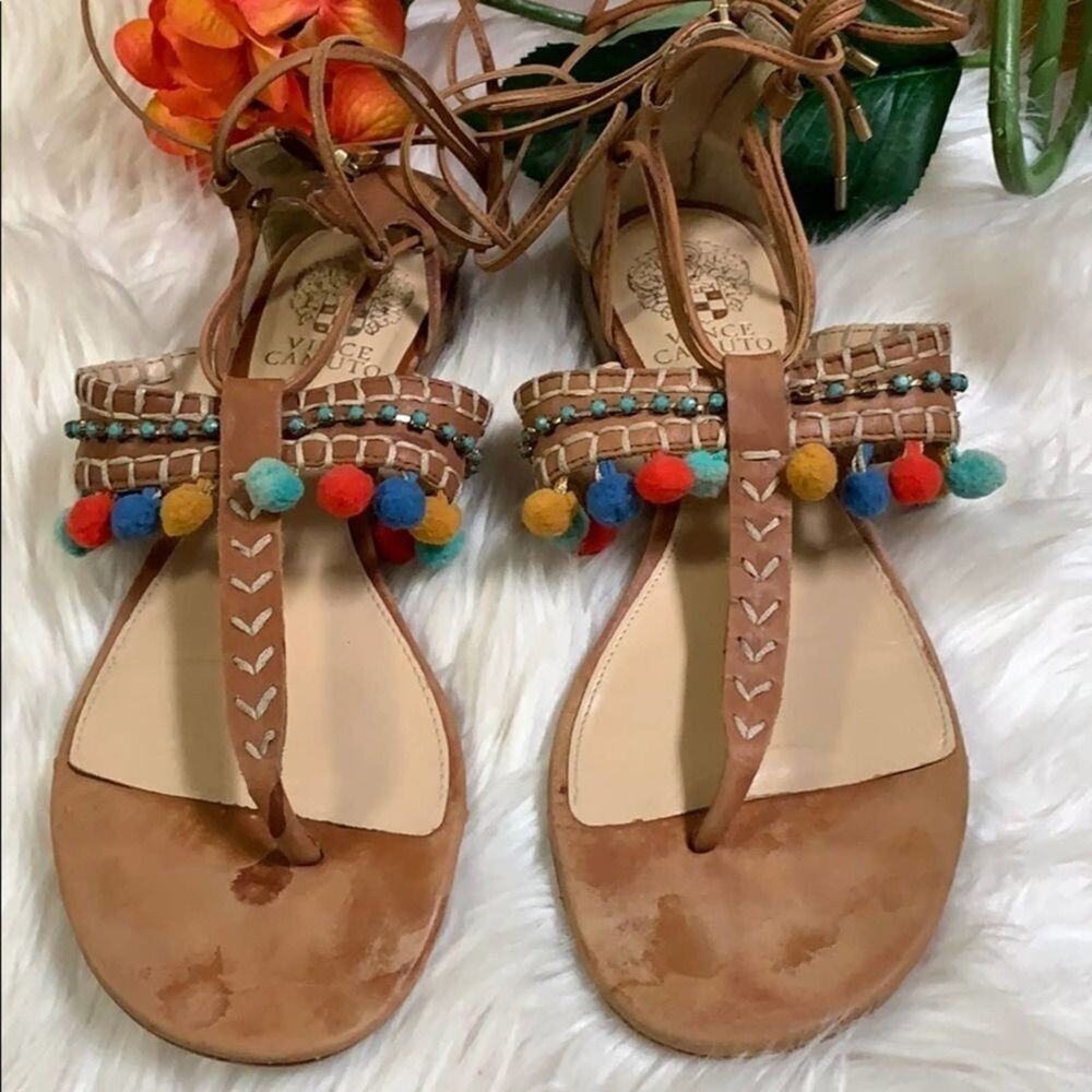 VINCE CAMUTO LEATHER POM POM LACE UP SANDA…
